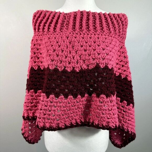 Handmade Chunky Knit Pink Burgundy Crochet Poncho Shawl Boho Granny Cottage‎ - Picture 2 of 10
